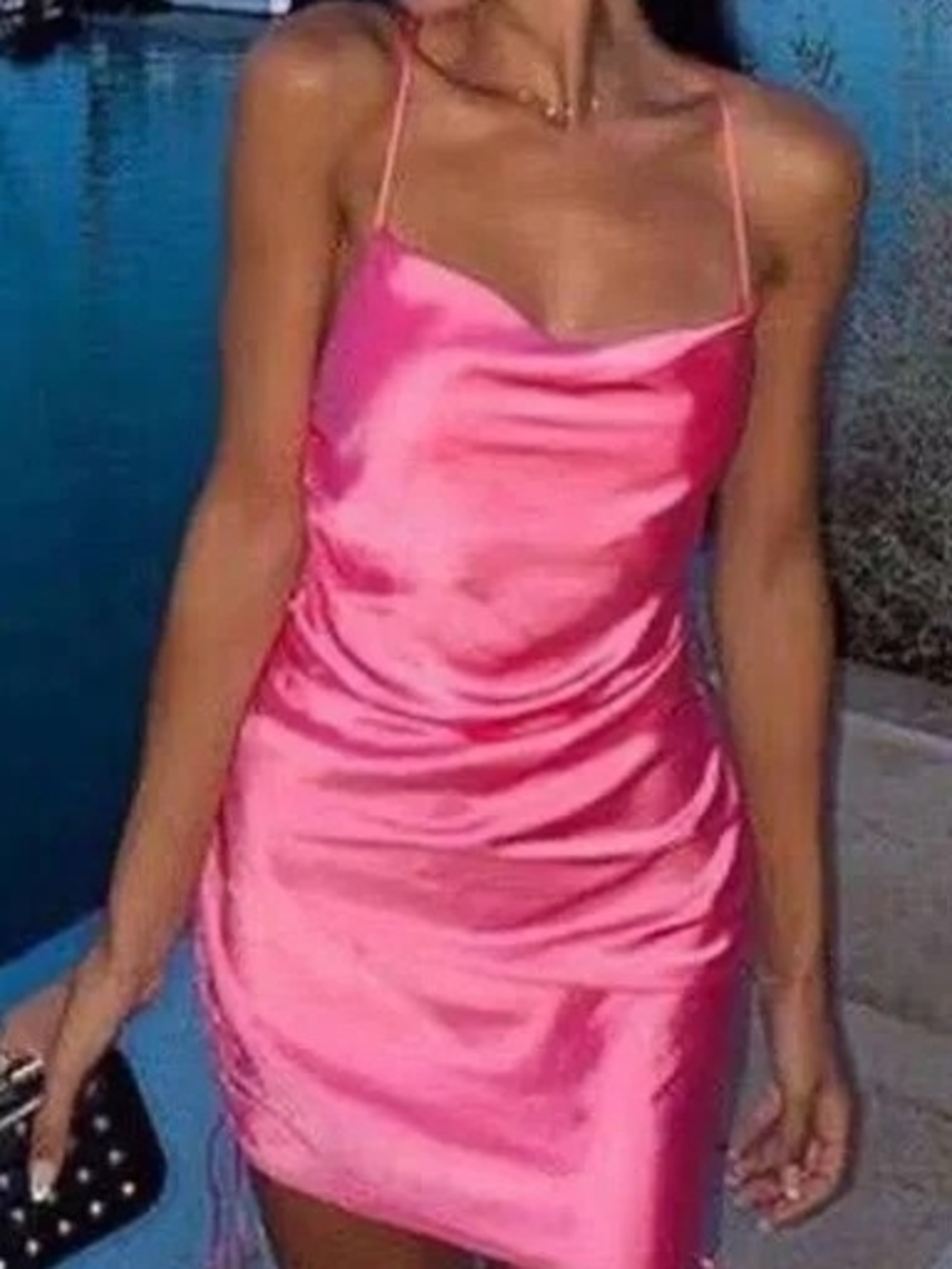 Zara Hot Pink Satin Cowl-Neck Mini Dress